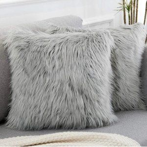 (Only Covers) Set of 2 Gray Luxury Fluffy Decorative Pillow Cushion Covers